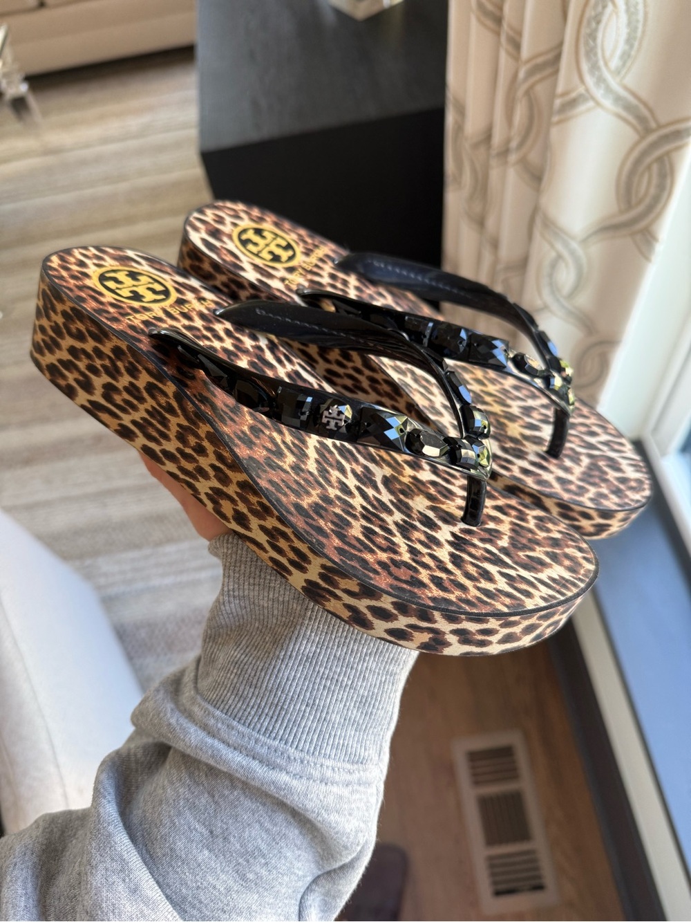 Tory Burch Leopard Print Platform Flip Flops with Black Jeweled Straps Like New!